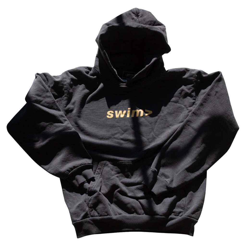 swim> dark grey hoodie